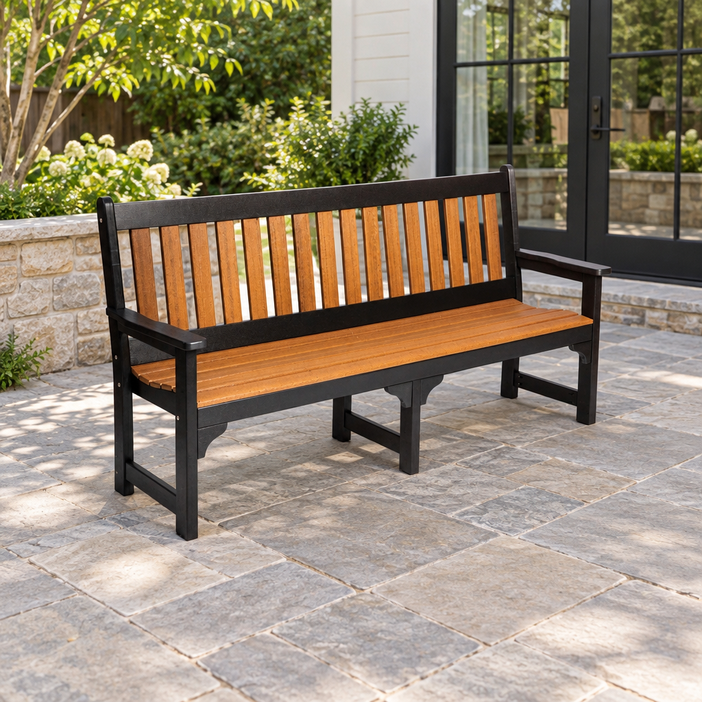 Amish Poly Patio 6’ Dutch Garden Bench shown in the back patio of a transitional home