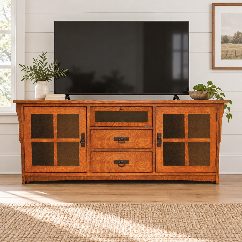 Amish Solid Wood Spanish Mission TV Console shown in the living room of a modern farmhouse home