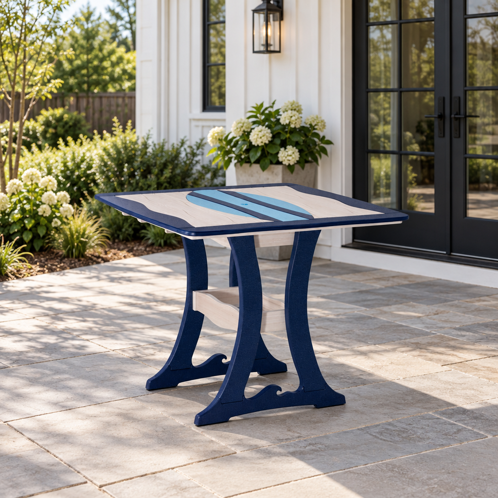 Amish Poly Wave Surfboard Patio Dining Table shown in the back patio of a modern farmhouse home