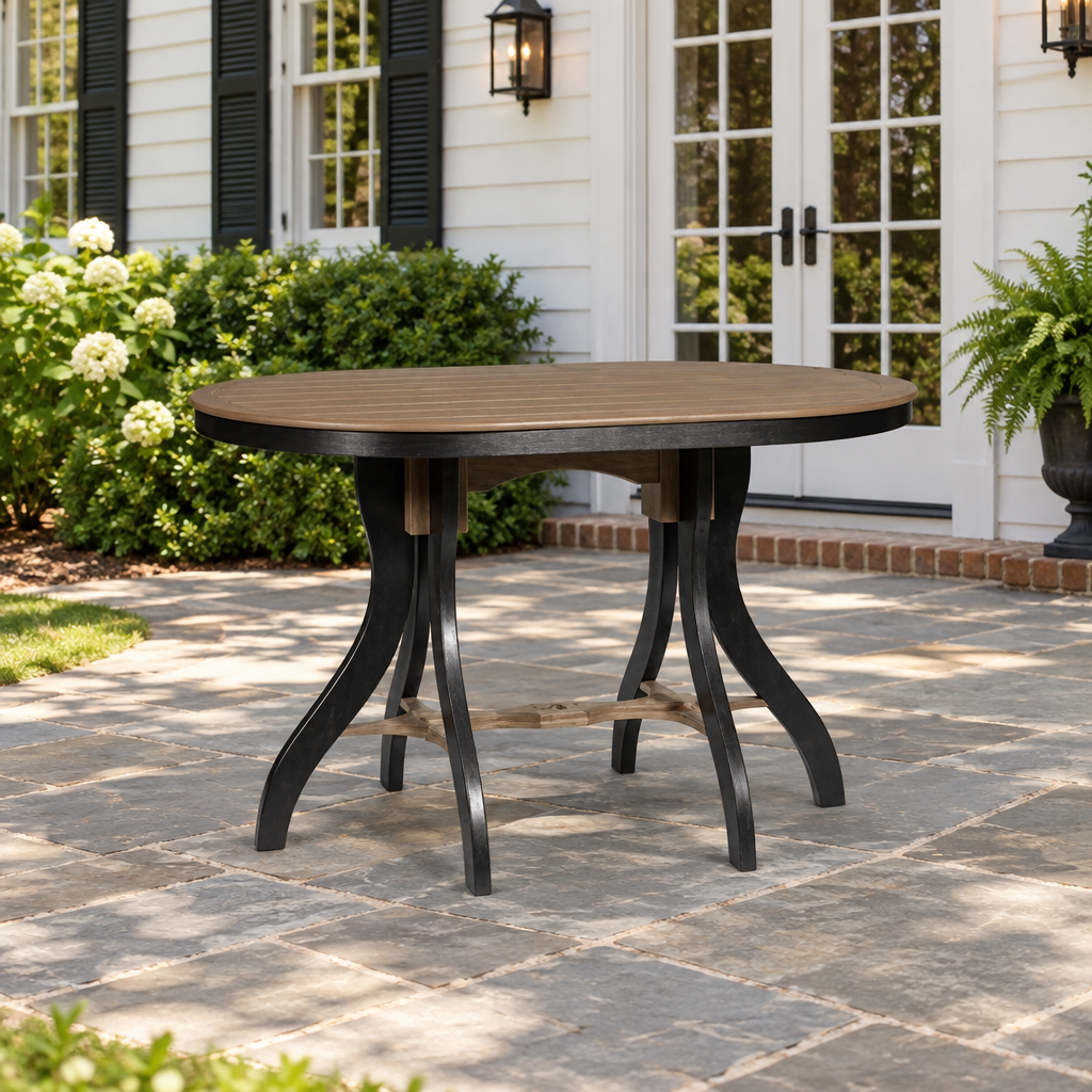 Amish Outdoor Oval Poly Dining Counter Bar Patio Table shown in the back patio of a traditional colonial home