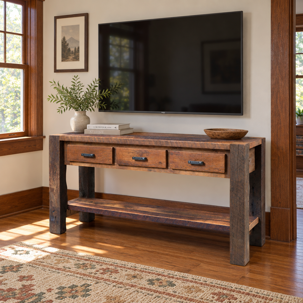 Amish Whitefish Ridge TV Reclaimed Wood Console 60" (3-Drawers) shown in the living room of a craftsman bungalow home