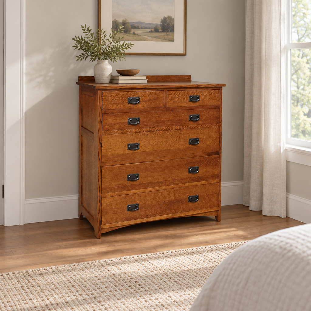 Amish Solid Wood Spanish Mission 6-Drawer Chest shown in the bedroom of a transitional home