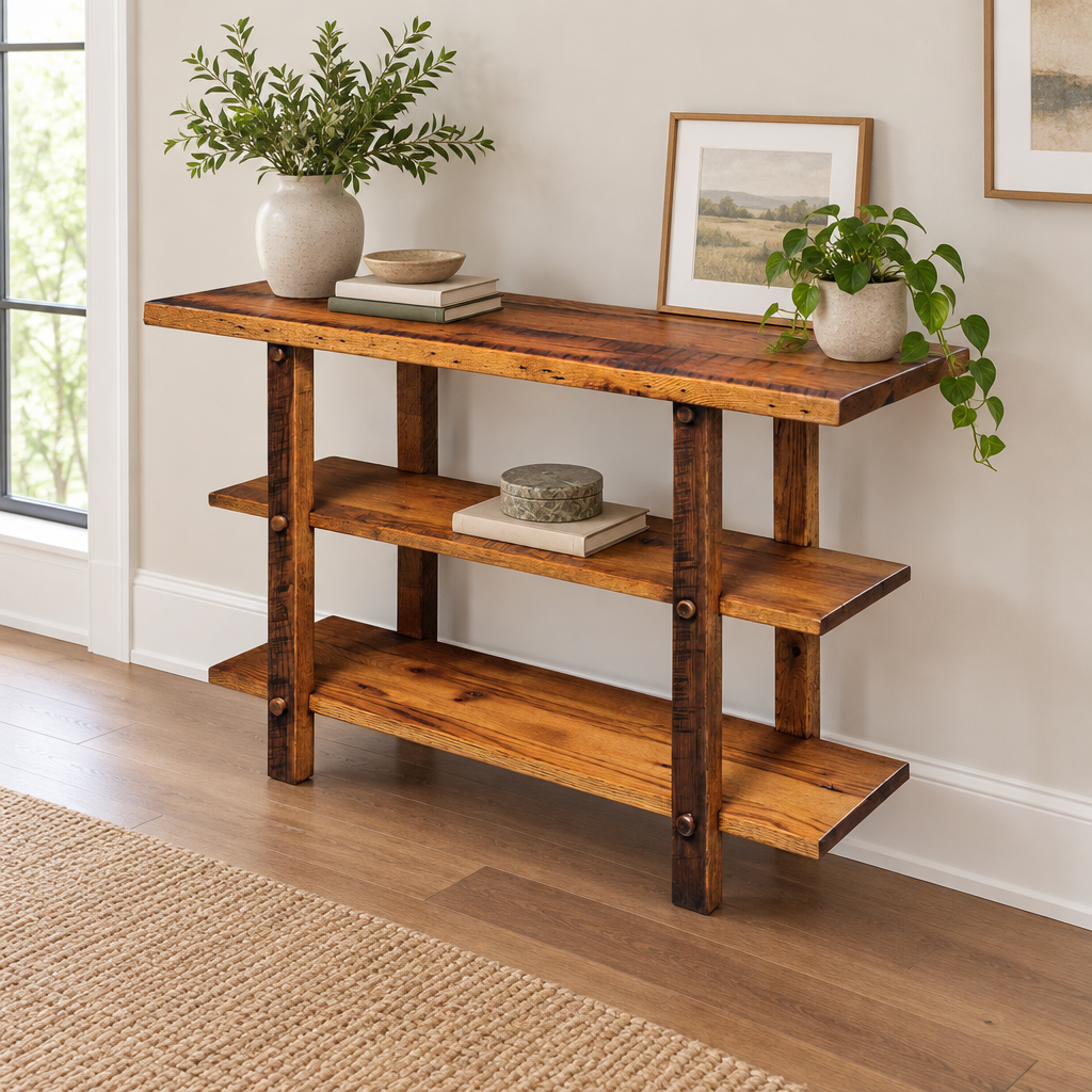 Amish Ashland Reclaimed Wood Rustic Sofa Table shown in the living room of a transitional home