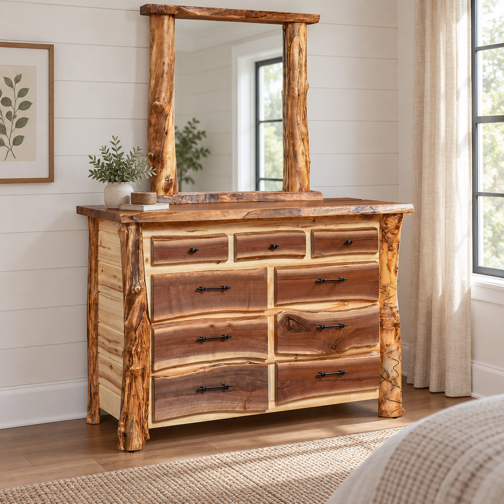Amish Sawtooth Aspen & Walnut 3 over 6 Drawer Dresser shown in the bedroom of a modern farmhouse home