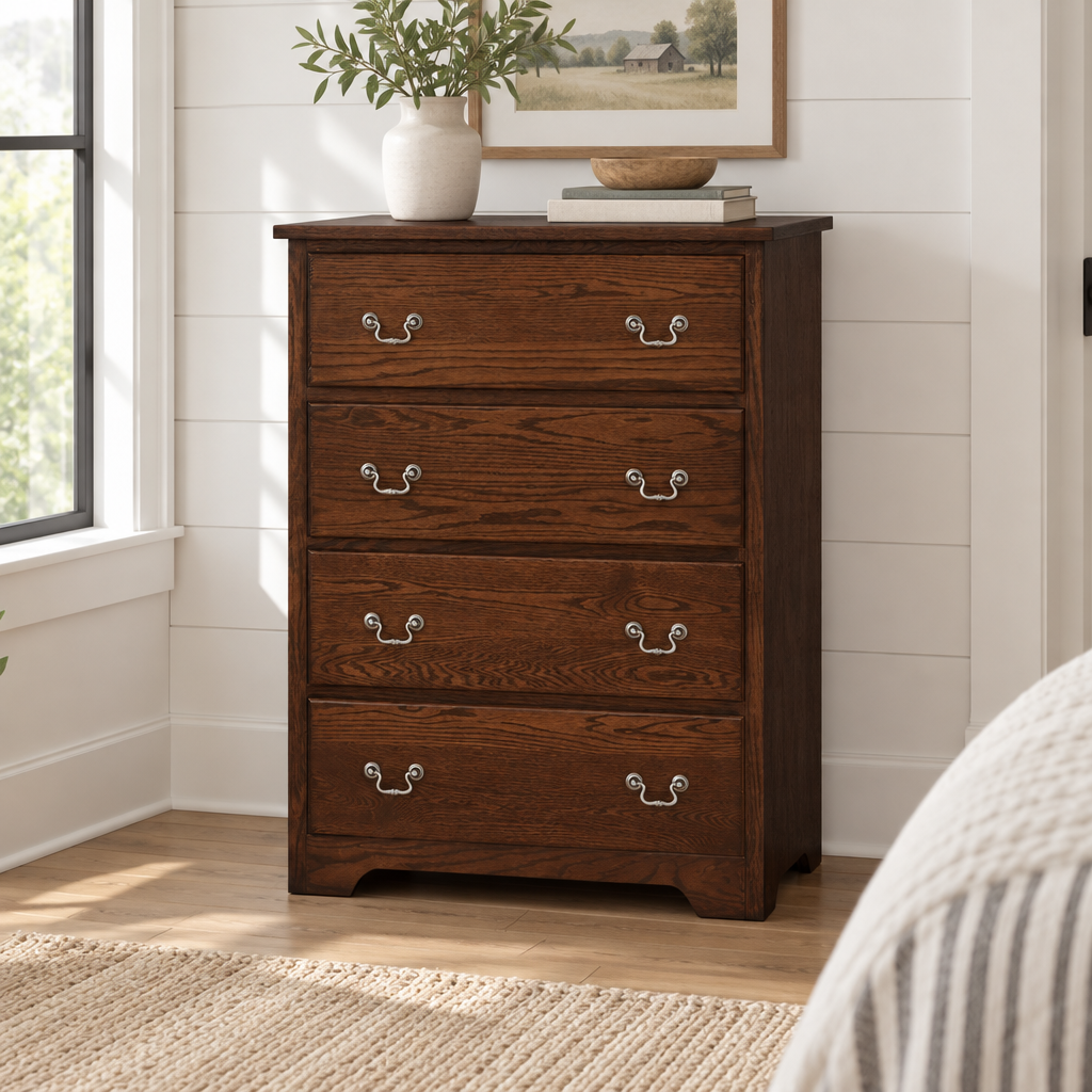 Amish Shaker 4-Drawer Chest shown in the bedroom of a modern farmhouse home