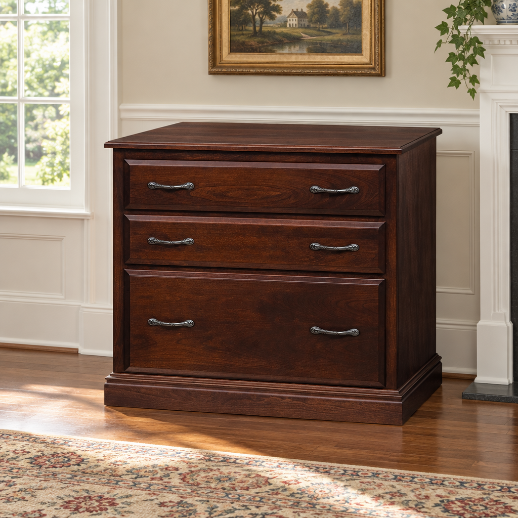 Amish Harrington Media Cabinet shown in the living room of a traditional colonial home