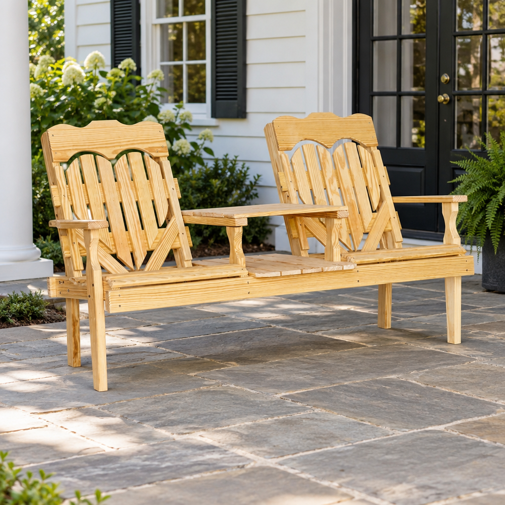Amish Outdoor Wood High Back Heart Settee shown in the back patio of a traditional colonial home