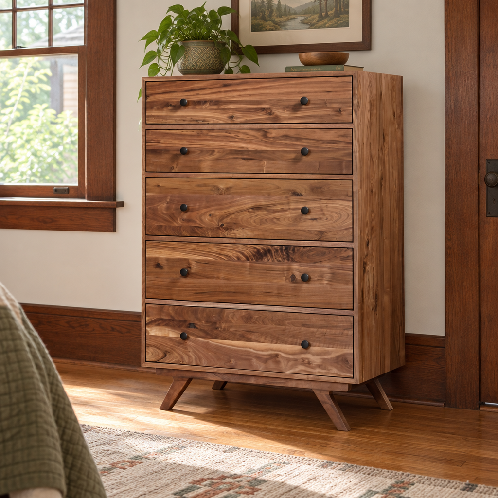 Amish New Hope Mid Century Modern 5-Drawer Bedroom Chest shown in the bedroom of a craftsman bungalow home