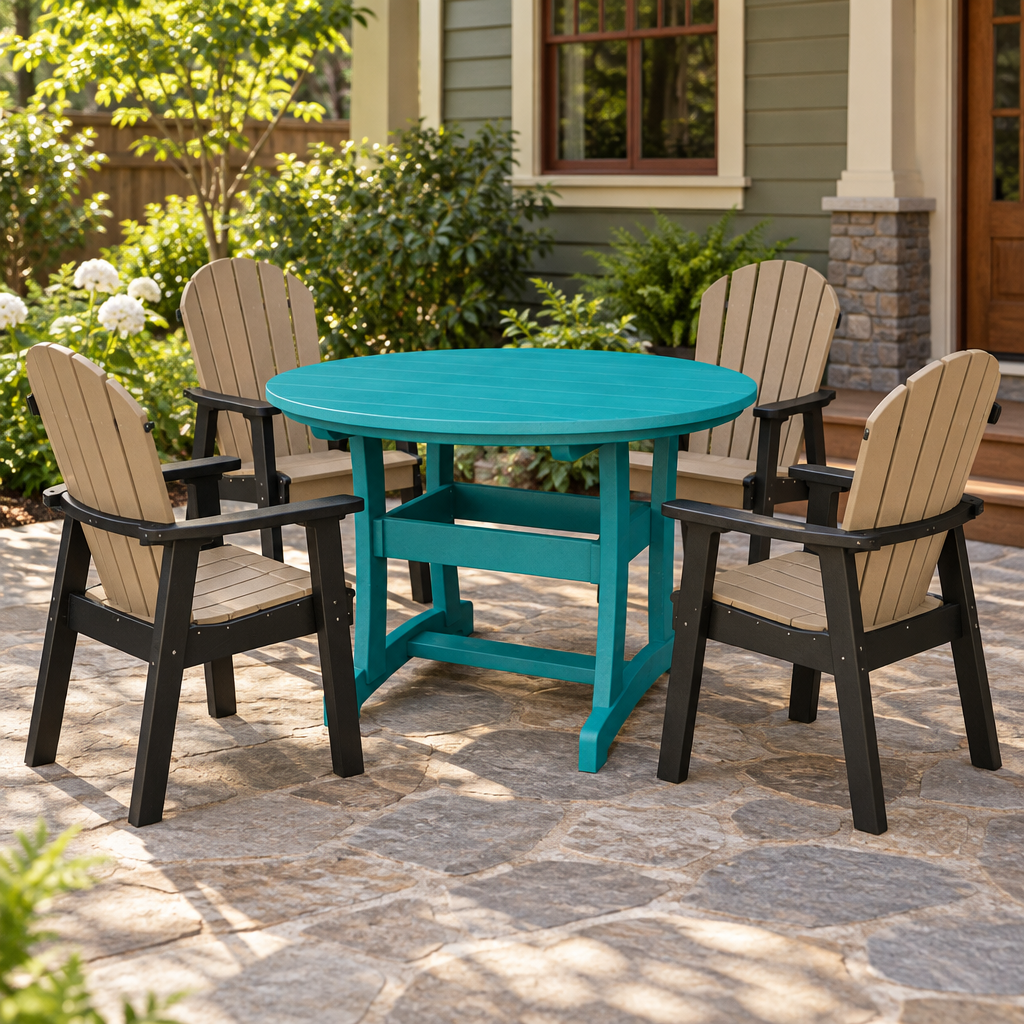 Amish Legacy 42" Round Outdoor Dining Table shown in the back patio of a craftsman bungalow home