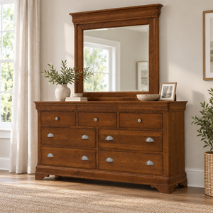 Amish Marseilles Triple Dresser shown in the bedroom of a transitional home
