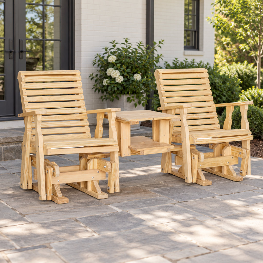 Amish Outdoor Wood Roll-Back Double Glider shown in the back patio of a transitional home