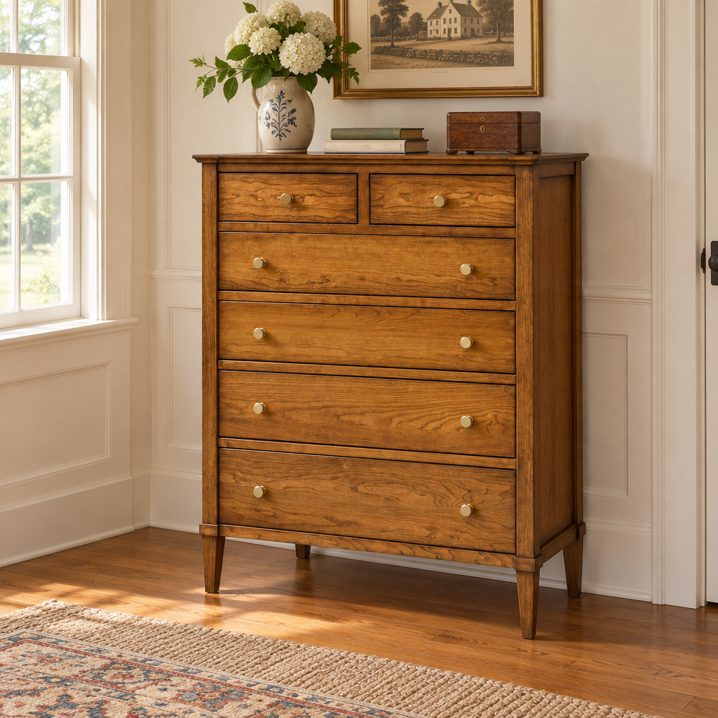 Amish Geneva Solid Wood Chest of Drawers shown in the bedroom of a traditional colonial home
