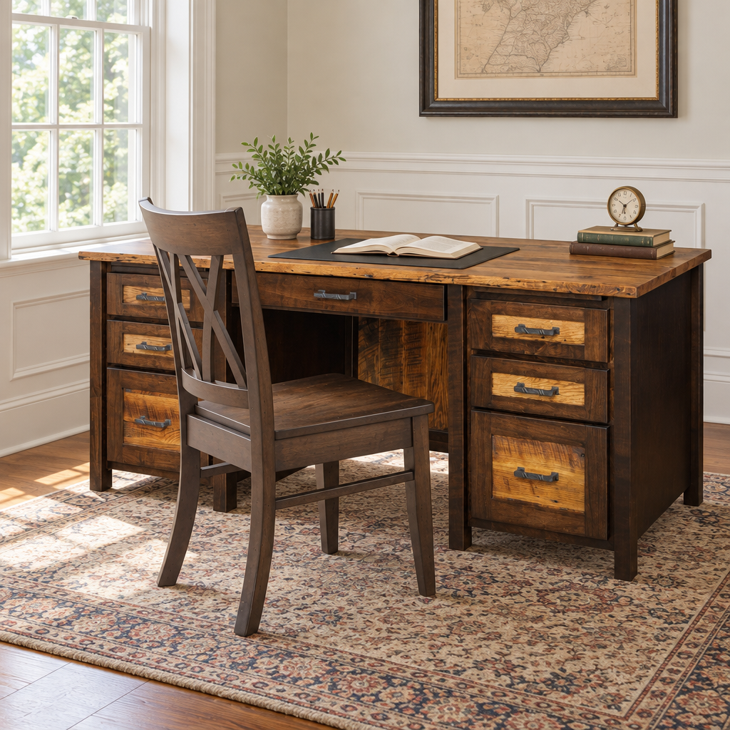 Amish Loft Reclaimed Wood Double Pedestal Desk shown in the home office of a traditional colonial home