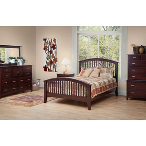 Dark espresso bedroom set with an arched spindle bed, high dresser and mirror, nightstand and tall chest