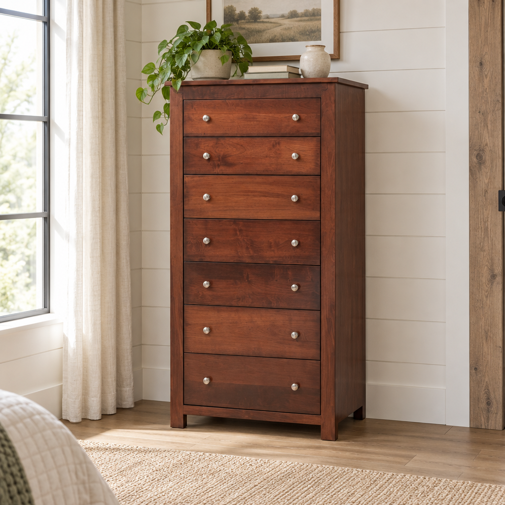 Amish Solid Wood Poughkeepsie Lingerie Chest shown in the bedroom of a modern farmhouse home