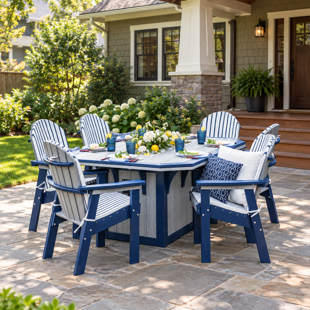 Amish Summerside Poly Patio Ice Bucket Dining Table shown in the back patio of a craftsman bungalow home