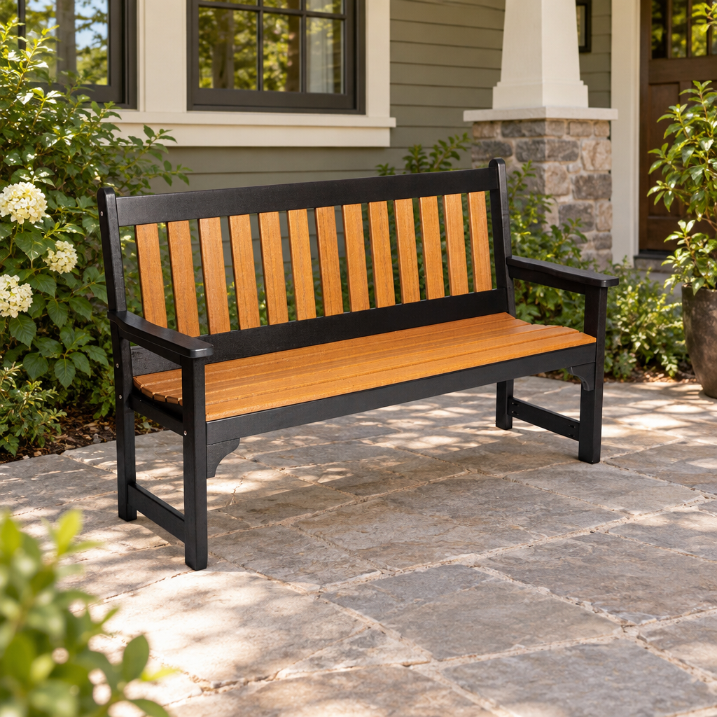 Amish Poly Patio 5’ Dutch Garden Bench shown in the back patio of a craftsman bungalow home