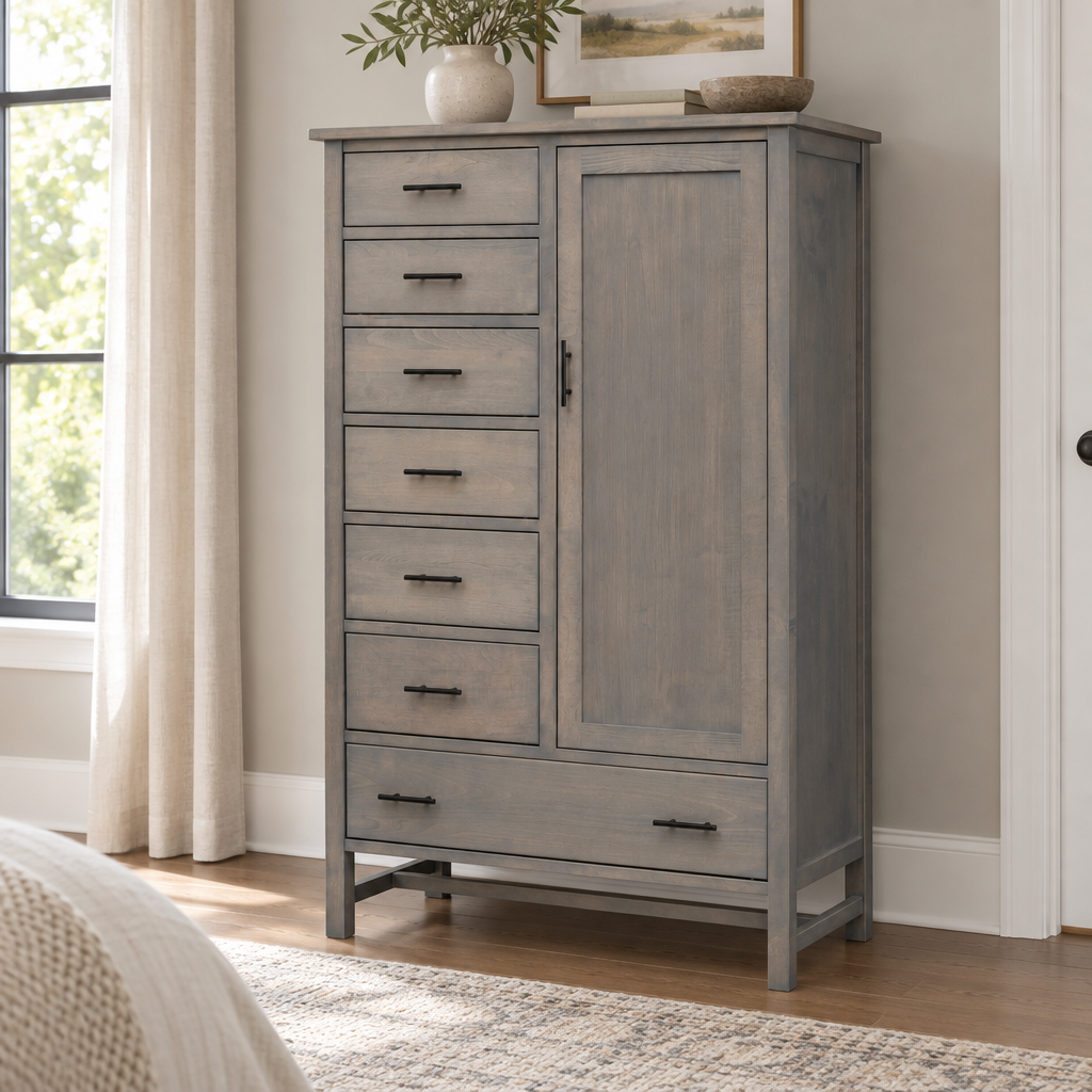Amish Logan Square Door and Drawer Chest shown in the bedroom of a transitional home
