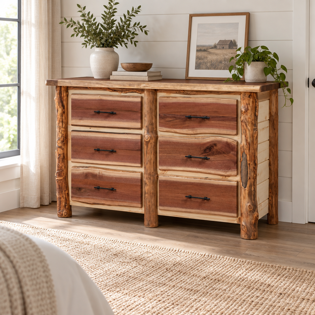 Amish Sawtooth Aspen & Walnut 9 Drawer Dresser shown in the bedroom of a modern farmhouse home