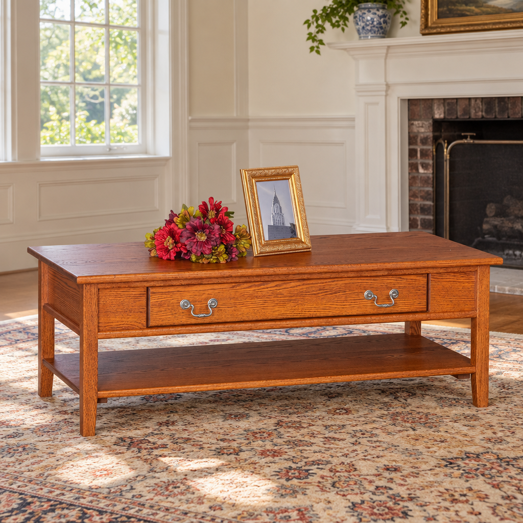 Amish Shaker 48" Coffee Table shown in the living room of a traditional colonial home