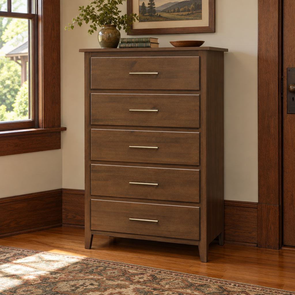 Amish Bel Air 5-Drawer Solid Wood Chest of Drawers shown in the bedroom of a craftsman bungalow home