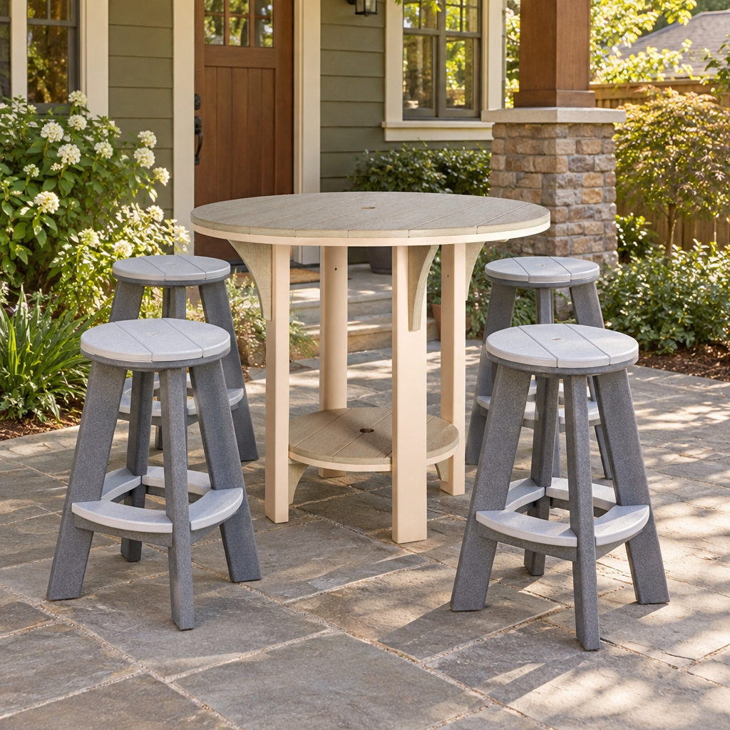 Great Bay Amish Poly Patio Round Counter Height Table shown in the back patio of a craftsman bungalow home