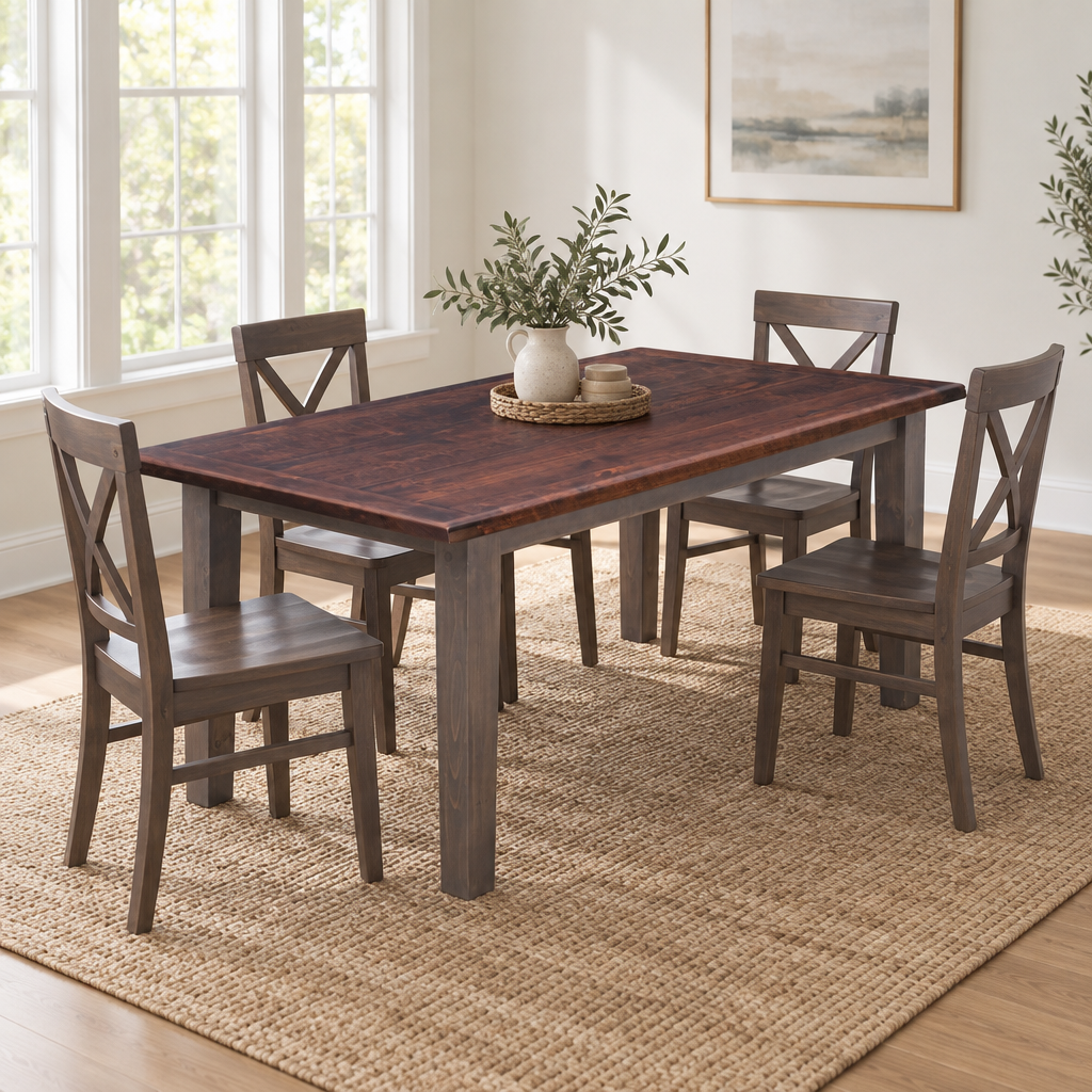 Amish Yorkana Thick Plank Top Dining Farm Table shown in the dining room of a transitional home