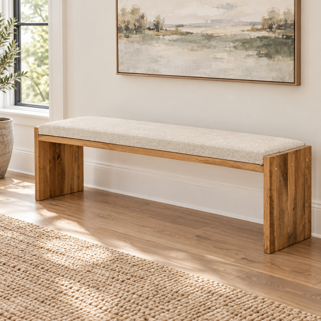 Amish Appleby Reclaimed Wood Bench shown in the living room of a transitional home