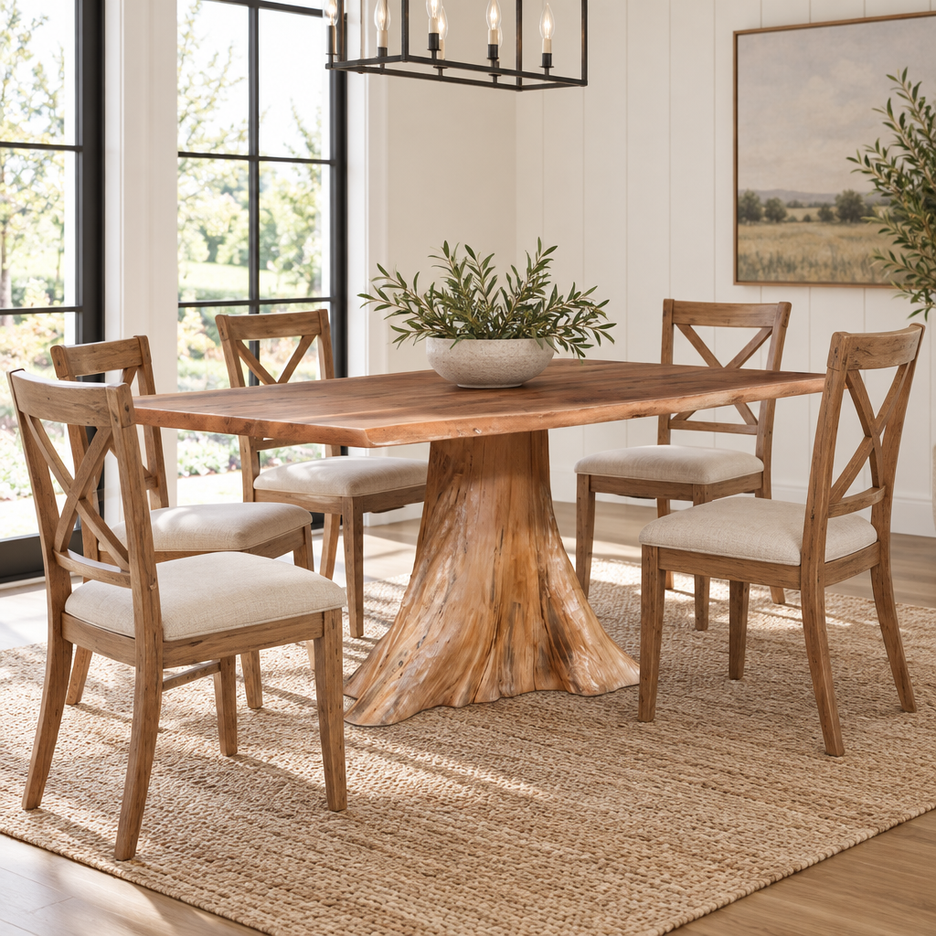 Amish Timberline Live Edge Dining Table shown in the dining room of a modern farmhouse home