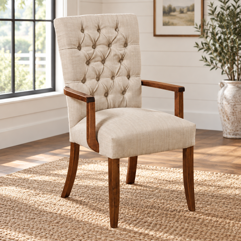Amish Alana Upholstered Cushion Arm Chair shown in the dining room of a modern farmhouse home