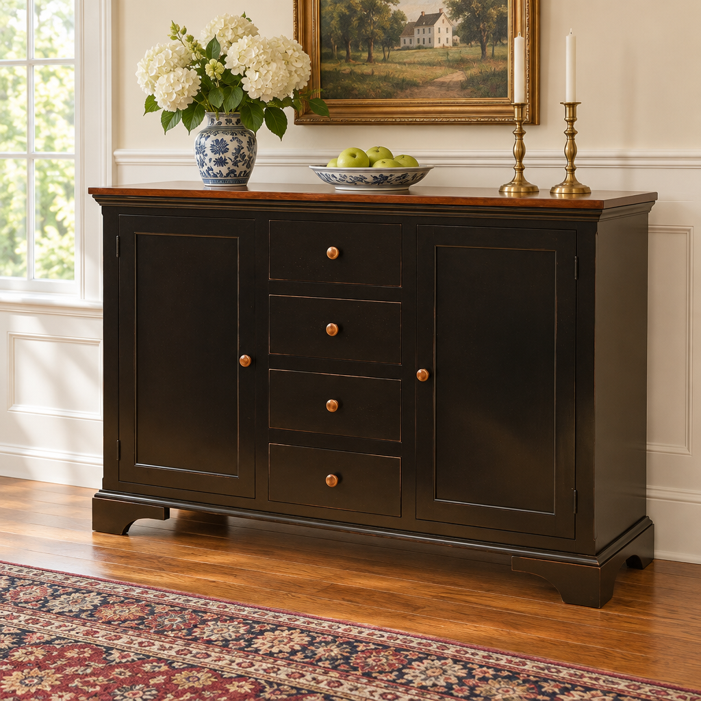 Amish Solid Wood Eastwood Sideboard shown in the dining room of a traditional colonial home