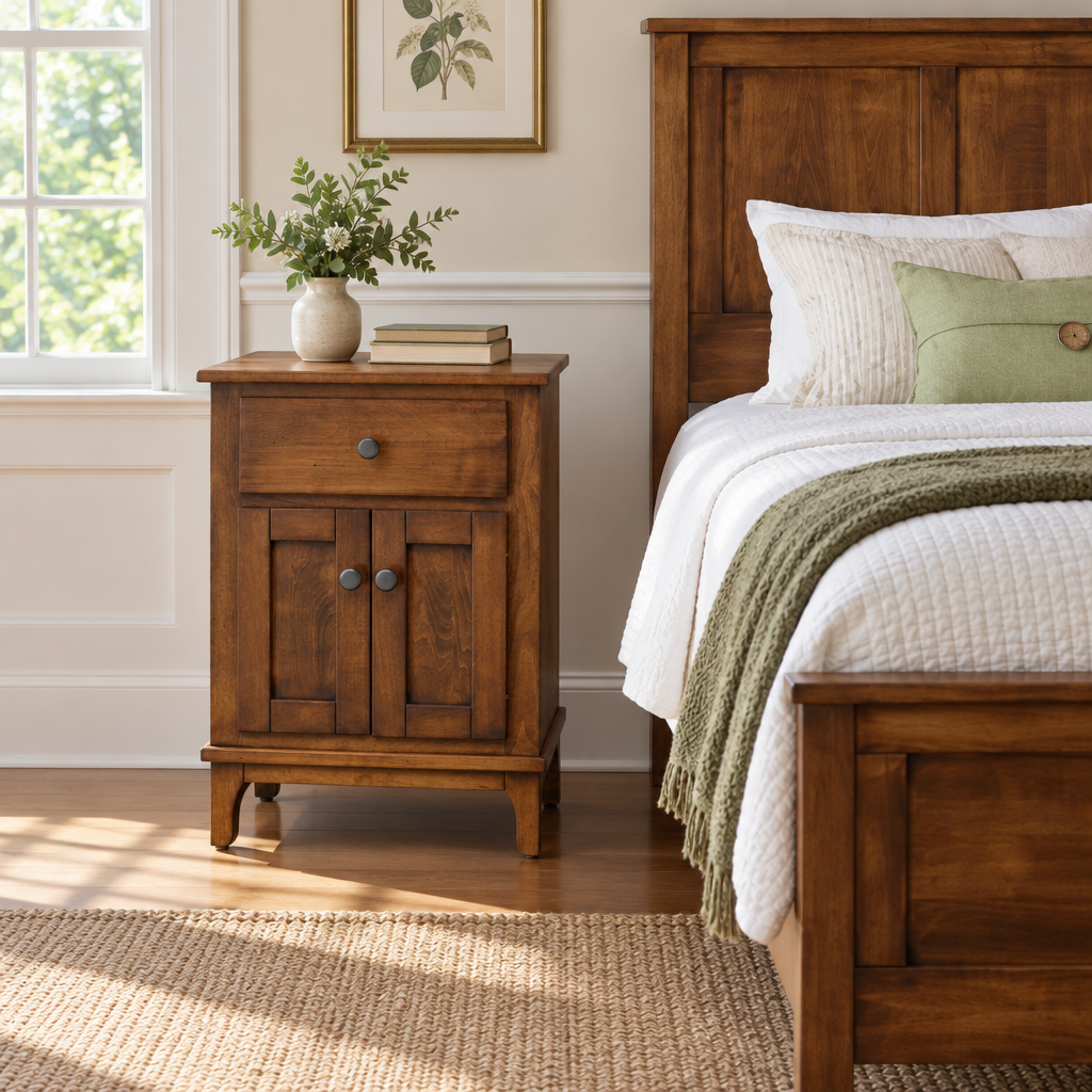 Amish Wynmoor 2 Door & Drawer Night Stand shown in the bedroom of a traditional colonial home
