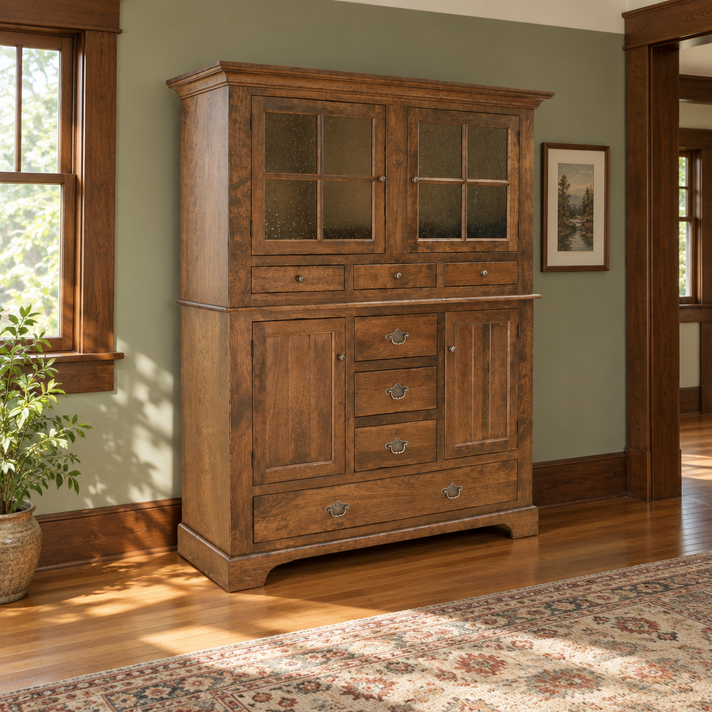 Amish Solid Wood Alexandria Hutch with Leaf Storage shown in the dining room of a craftsman bungalow home