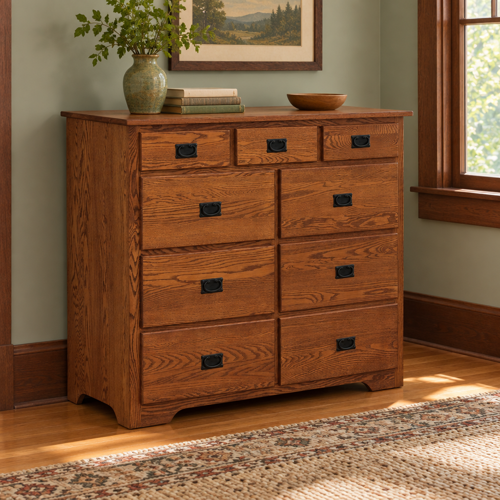 Mission Amish Solid Wood 54" 9 Drawer Mule Chest shown in the bedroom of a craftsman bungalow home