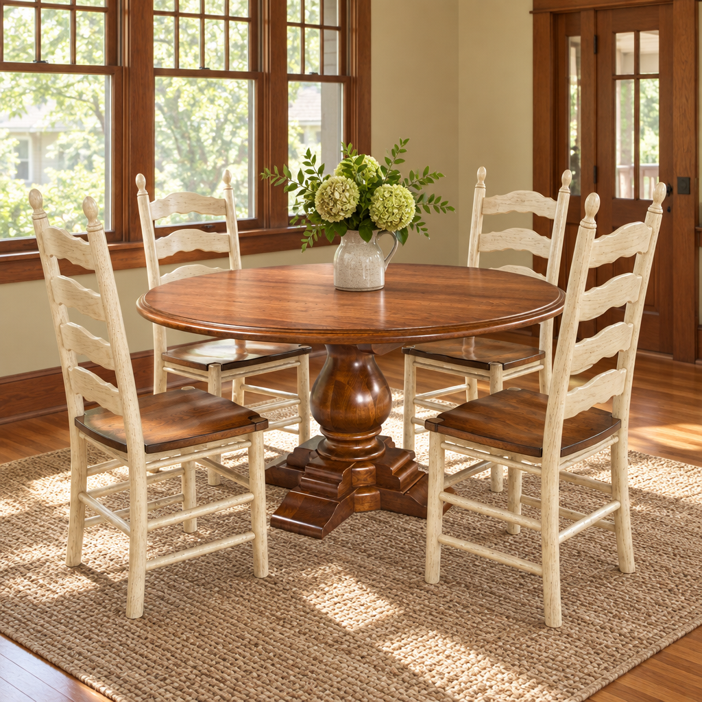 Amish Vaz Grande Round Expandable Pedestal Table shown in the dining room of a craftsman bungalow home