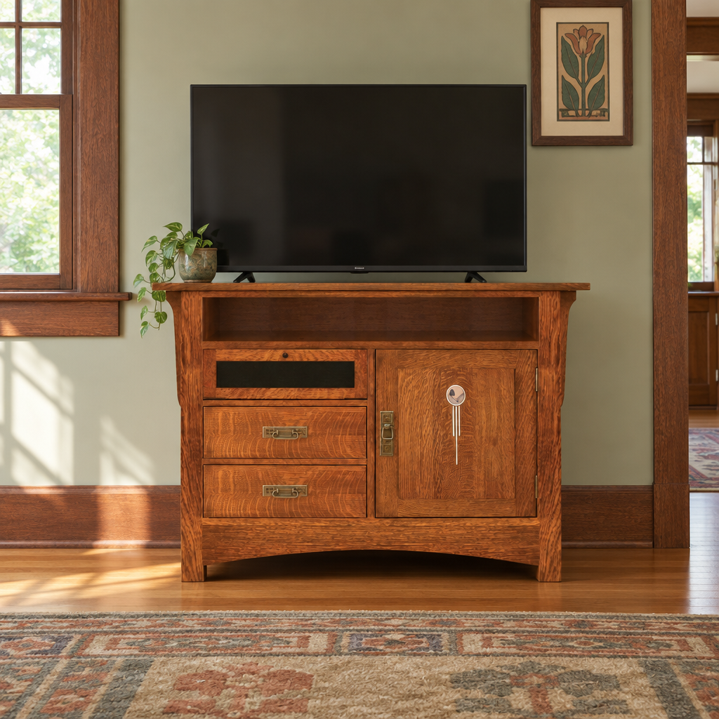Amish Solid Wood Artesano 1-Door TV Console shown in the living room of a craftsman bungalow home