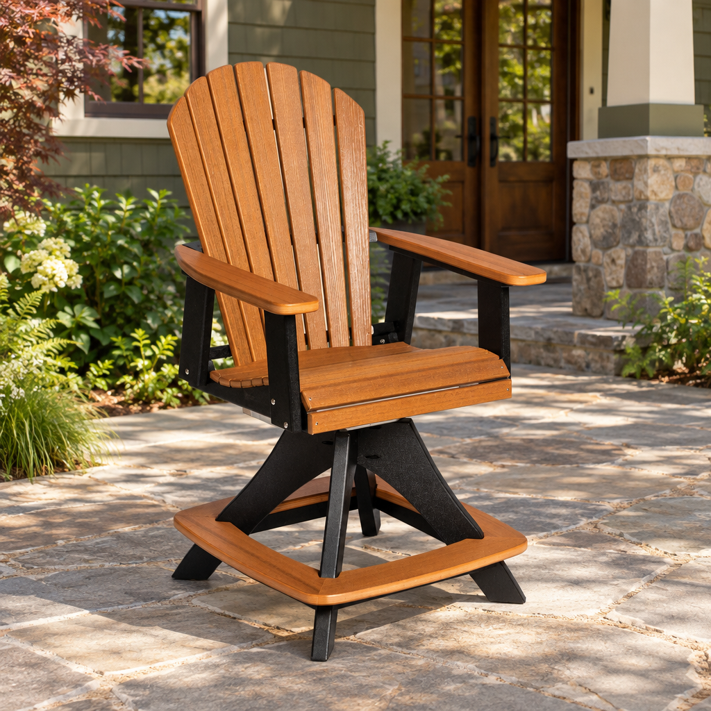 Amish Saranac Poly Patio Swivel Counter Height Chair shown in the back patio of a craftsman bungalow home