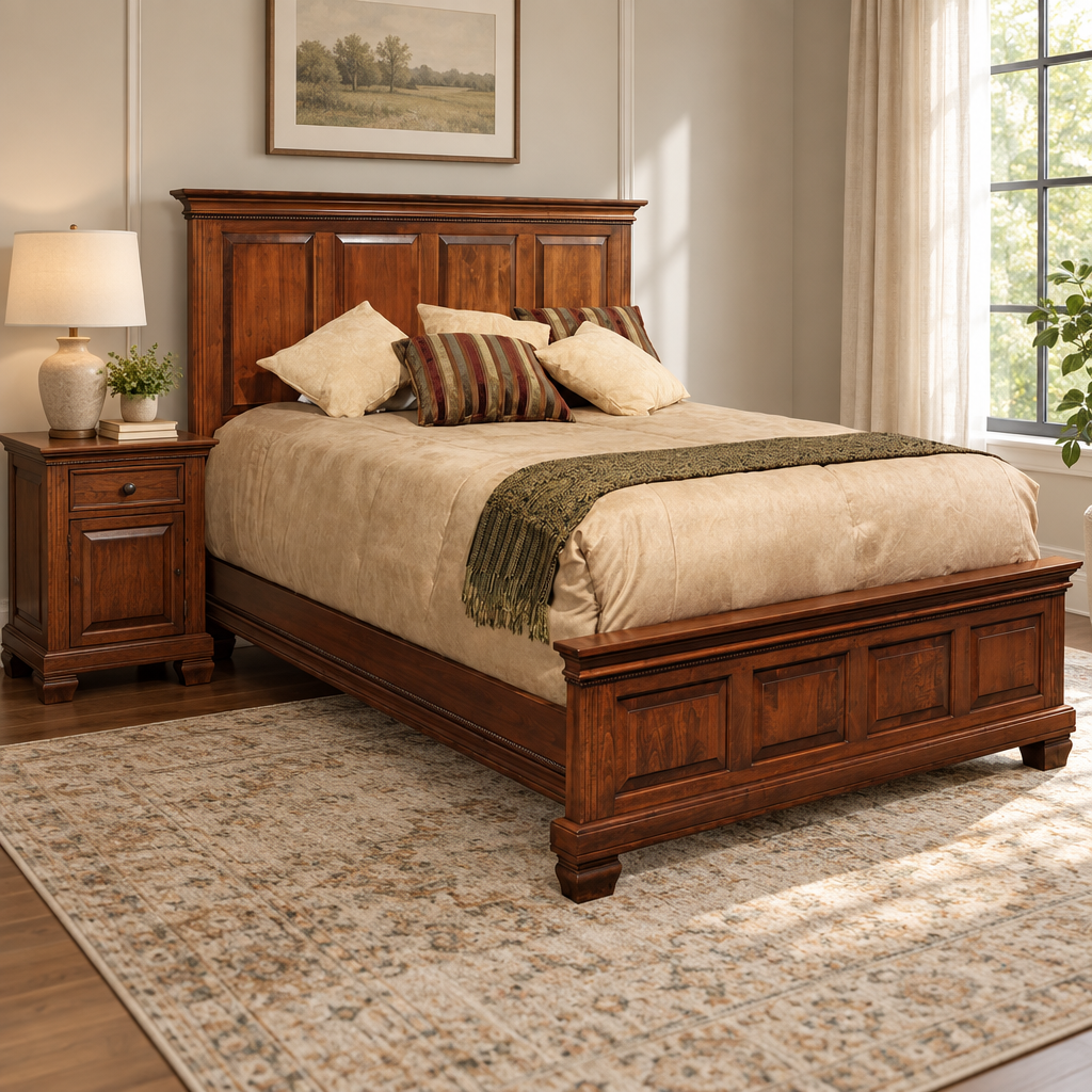 Amish Solid Wood Palatine Panel Bed shown in the bedroom of a transitional home