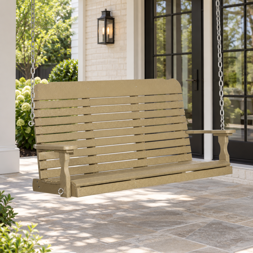 Amish Poly Patio Easy 5' Porch Swing shown in the back patio of a transitional home