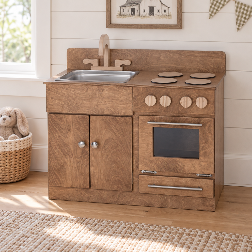 Amish Wooden Play Sink & Stove for Kids shown in the kids bedroom of a modern farmhouse home