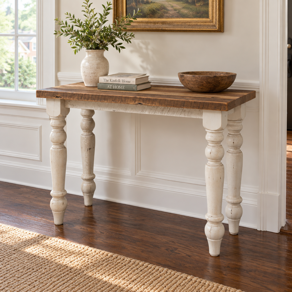 Amish Strasburg Reclaimed Wood Sofa Table shown in the living room of a traditional colonial home