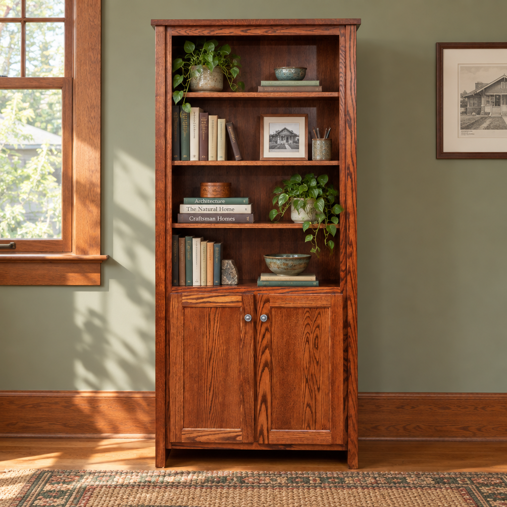Amish Eshton 6ft Bookcase with Doors shown in the home office of a craftsman bungalow home