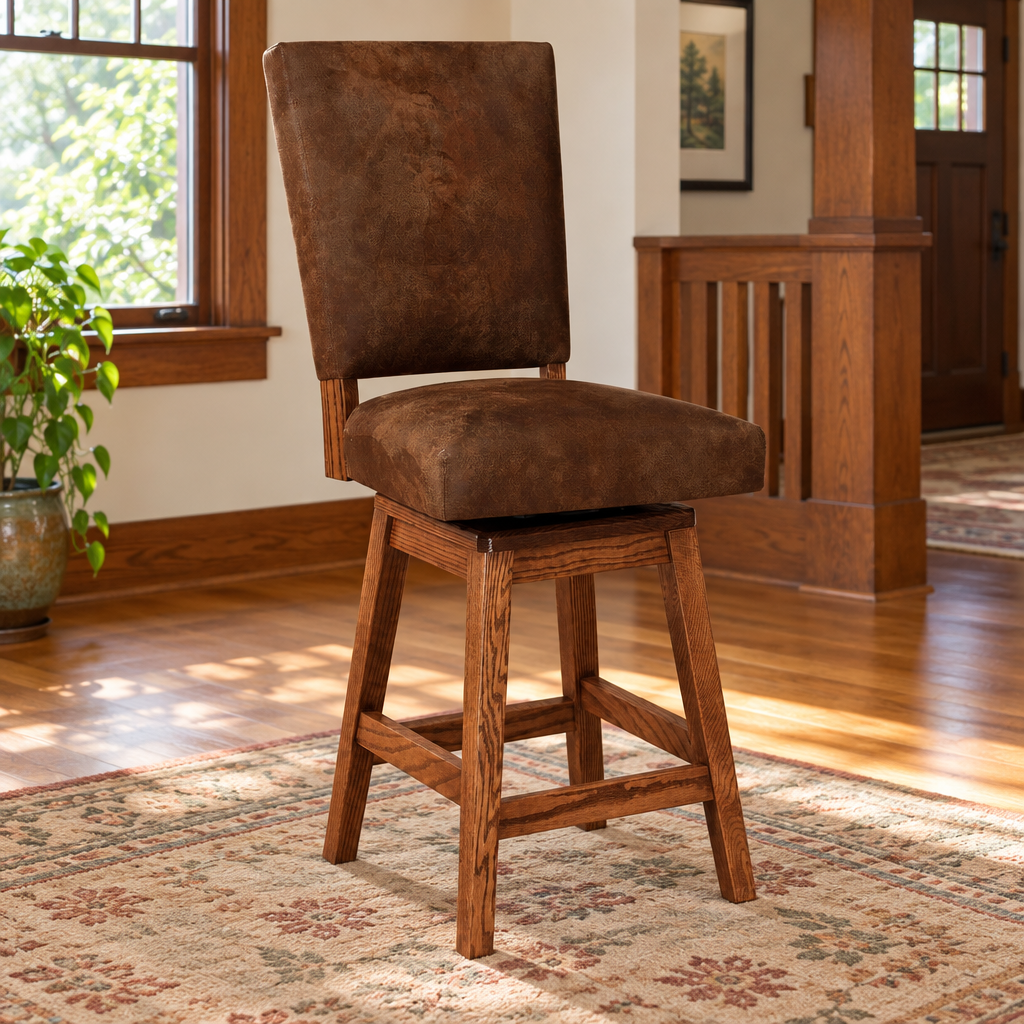 Amish Warner Cushion Swivel Bar Stool shown in the living room of a craftsman bungalow home