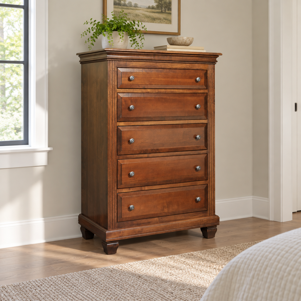 Amish Solid Wood Palatine Tall Chest shown in the bedroom of a transitional home