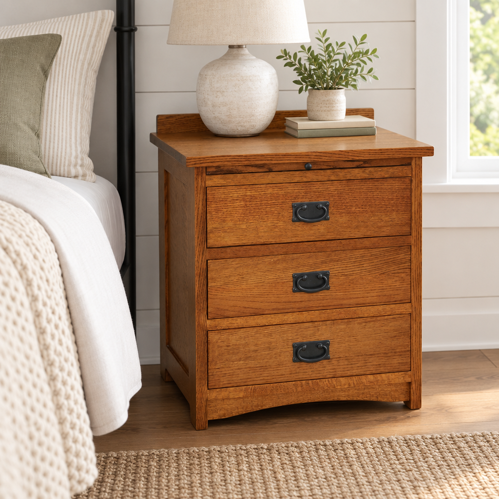 Amish Solid Wood Spanish Mission 3-Drawer Nightstand with Pullout shown in the bedroom of a modern farmhouse home