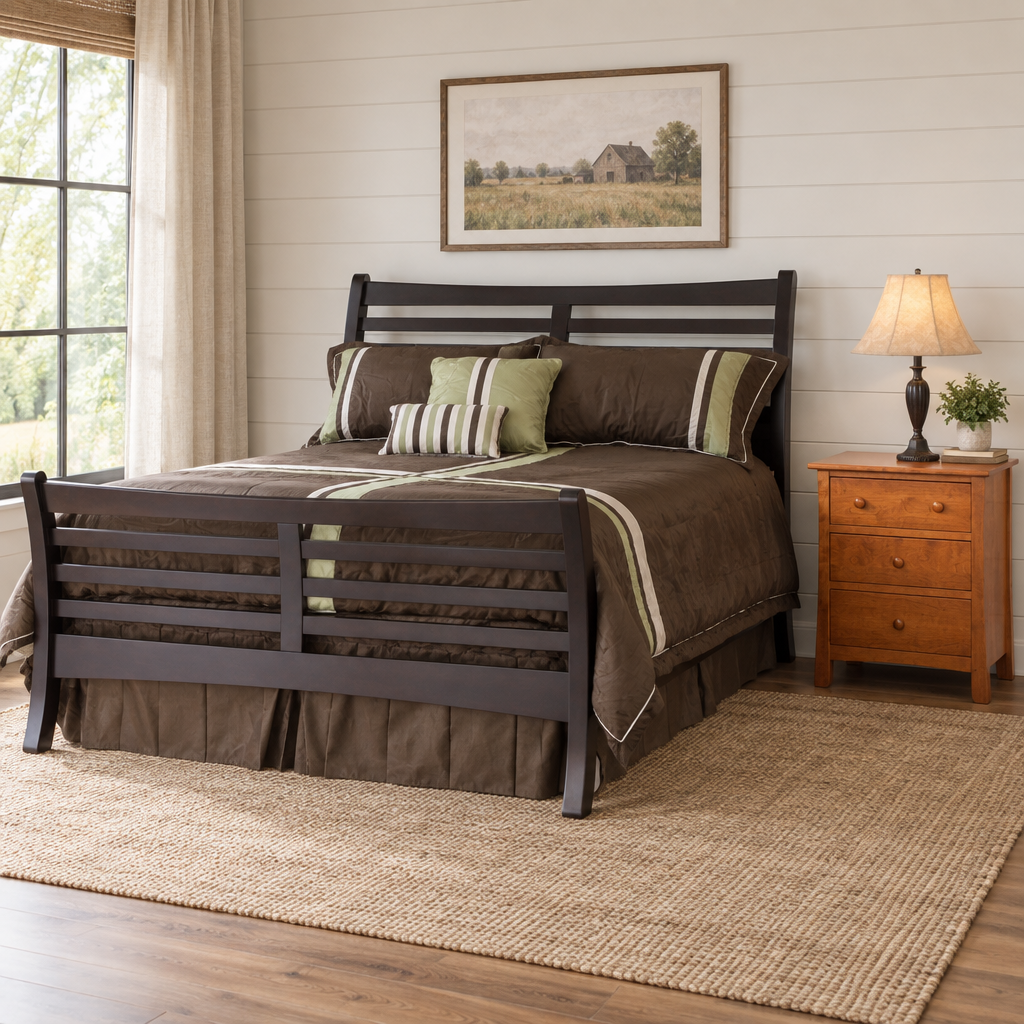 Amish New Transitions Slatted Sleigh Bed shown in the bedroom of a modern farmhouse home