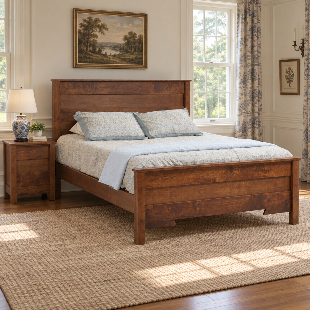 Amish Solid Wood Fredericksburg Bed shown in the bedroom of a traditional colonial home