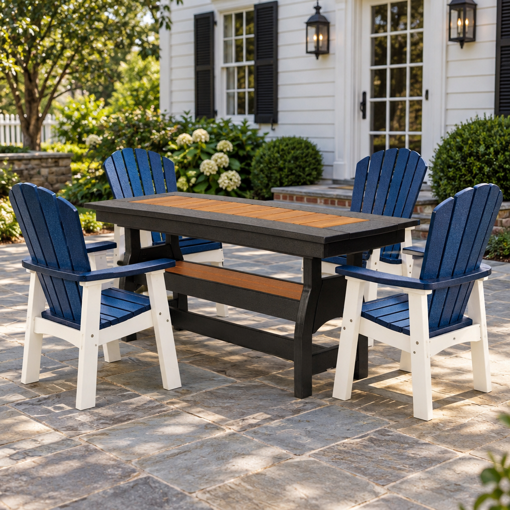 Amish Bayport Poly Patio Brunch Dining Table shown in the back patio of a traditional colonial home