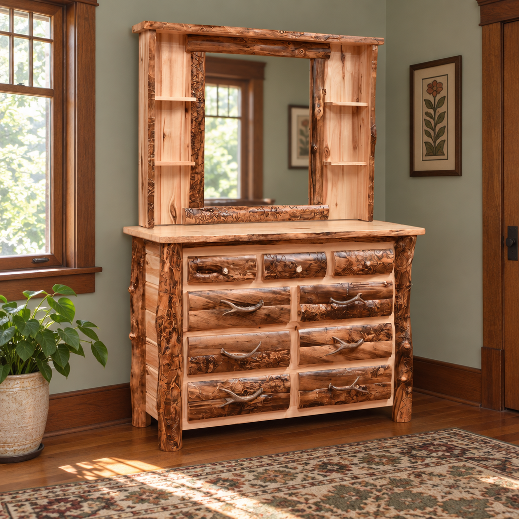 Amish Bighorn Aspen Log 3 over 6 Drawer Dresser shown in the bedroom of a craftsman bungalow home