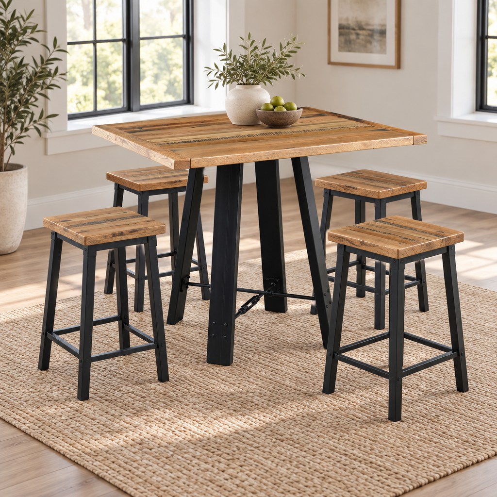 Amish Meadville Reclaimed Wood Pub Table shown in the dining room of a transitional home